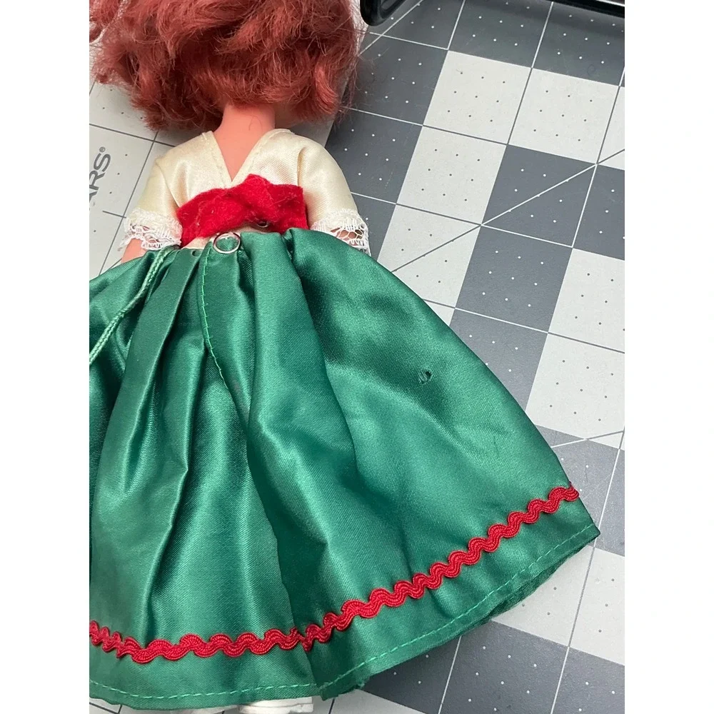 Vintage Miniature Doll Red Hair Green Sleep Eyes Folk Green Dress 7.5 Inch